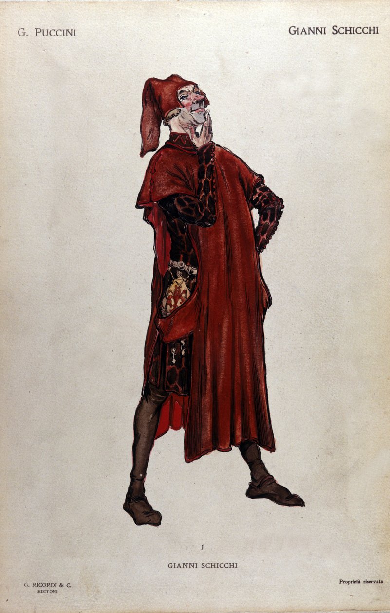 Puku Gianni Schicchin hahmolle Giacomo Puccinin (1858-1924) oopperan Il trittico (Triptyykki) - 1919 tekijältä Leopoldo Metlicovitz