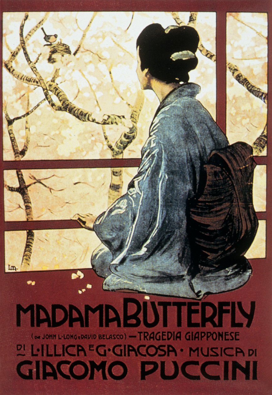 Leopoldo Metlicovitzin kansikuva Giacomo Puccinin oopperan Mrs Butterfly partituurista tekijältä Leopoldo Metlicovitz