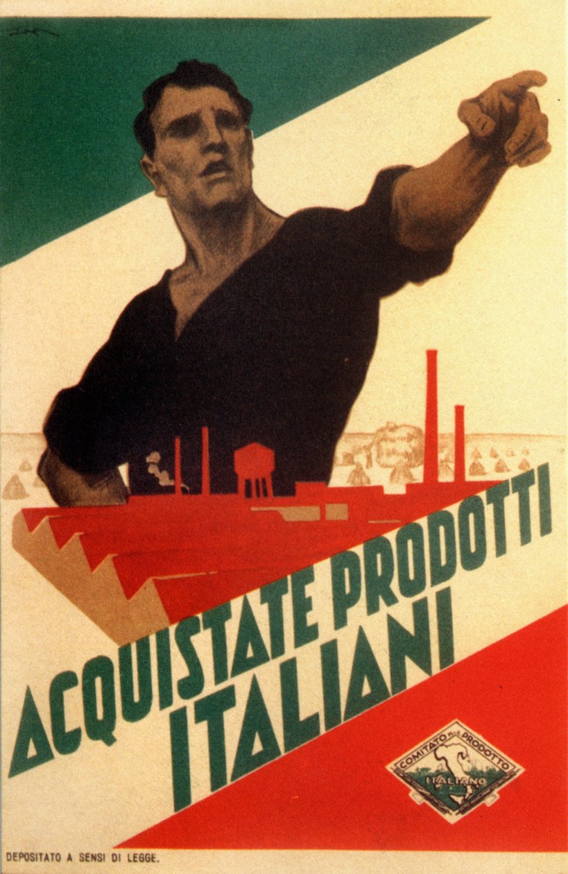 Fasismi: propagandajuliste Italian autarktialle ""Osta italialaisia tuotteita"" tekijältä Leopoldo Metlicovitz