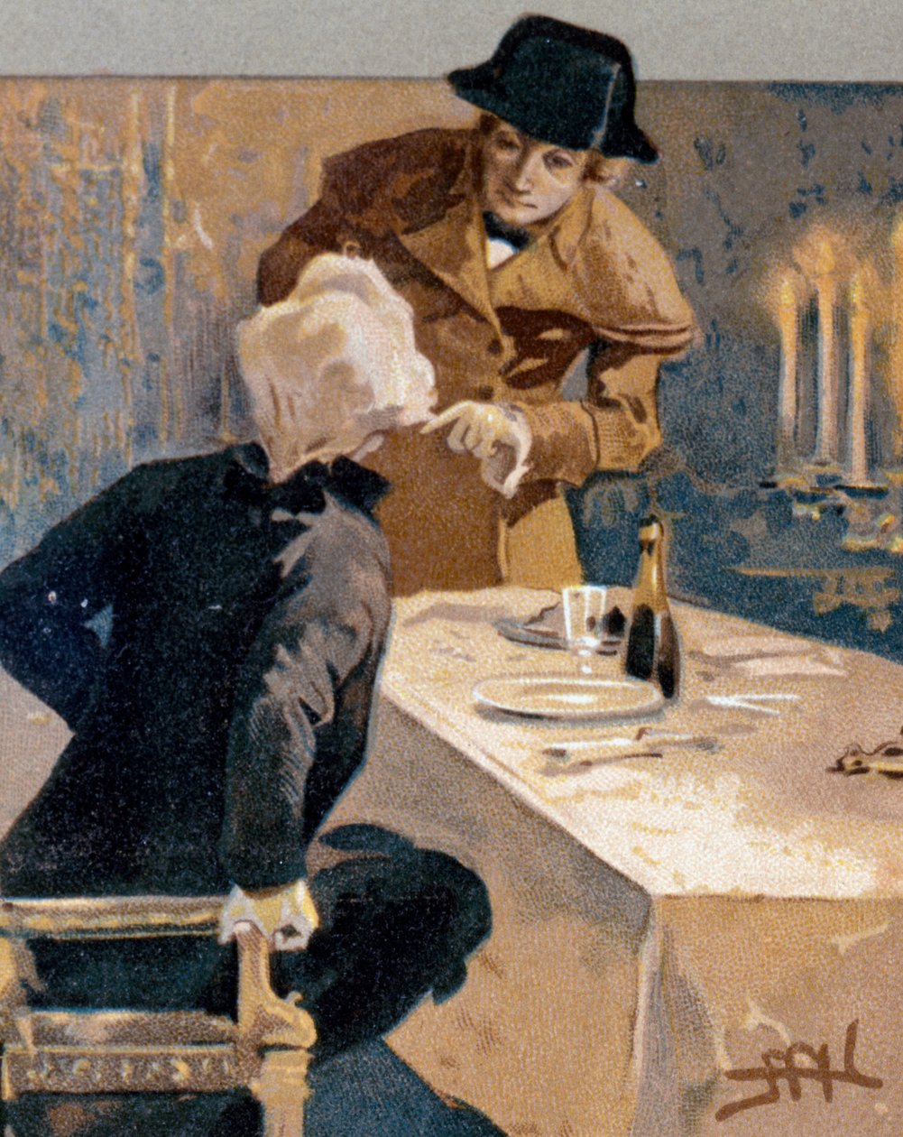 Leopoldo Metlicovitzin (1868-1944) kuvittama postikortti, joka kuvaa kohtauksia Toscasta, Giacomo Puccinin (1858-1924) ooppera tekijältä Leopoldo Metlicovitz