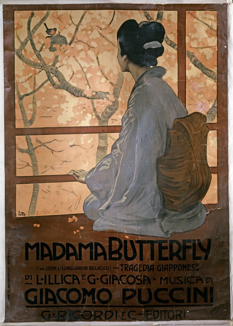 Juliste "Madama Butterfly" -näytelmän ensimmäiseen esitykseen Milanossa 17. helmikuuta. tekijältä Leopoldo Metlicovitz