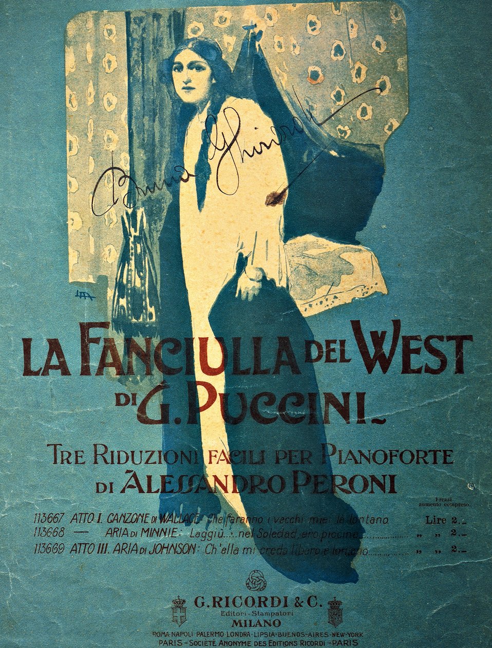 Leopoldo Metlicovitzin (1868-1944) nimilehti Alessandro Peronin pianoreduktiosta Giacomo Puccinin (1858-1924) oopperaan La fanciulla del West (Kultaisen lännen tyttö) tekijältä Leopoldo Metlicovitz