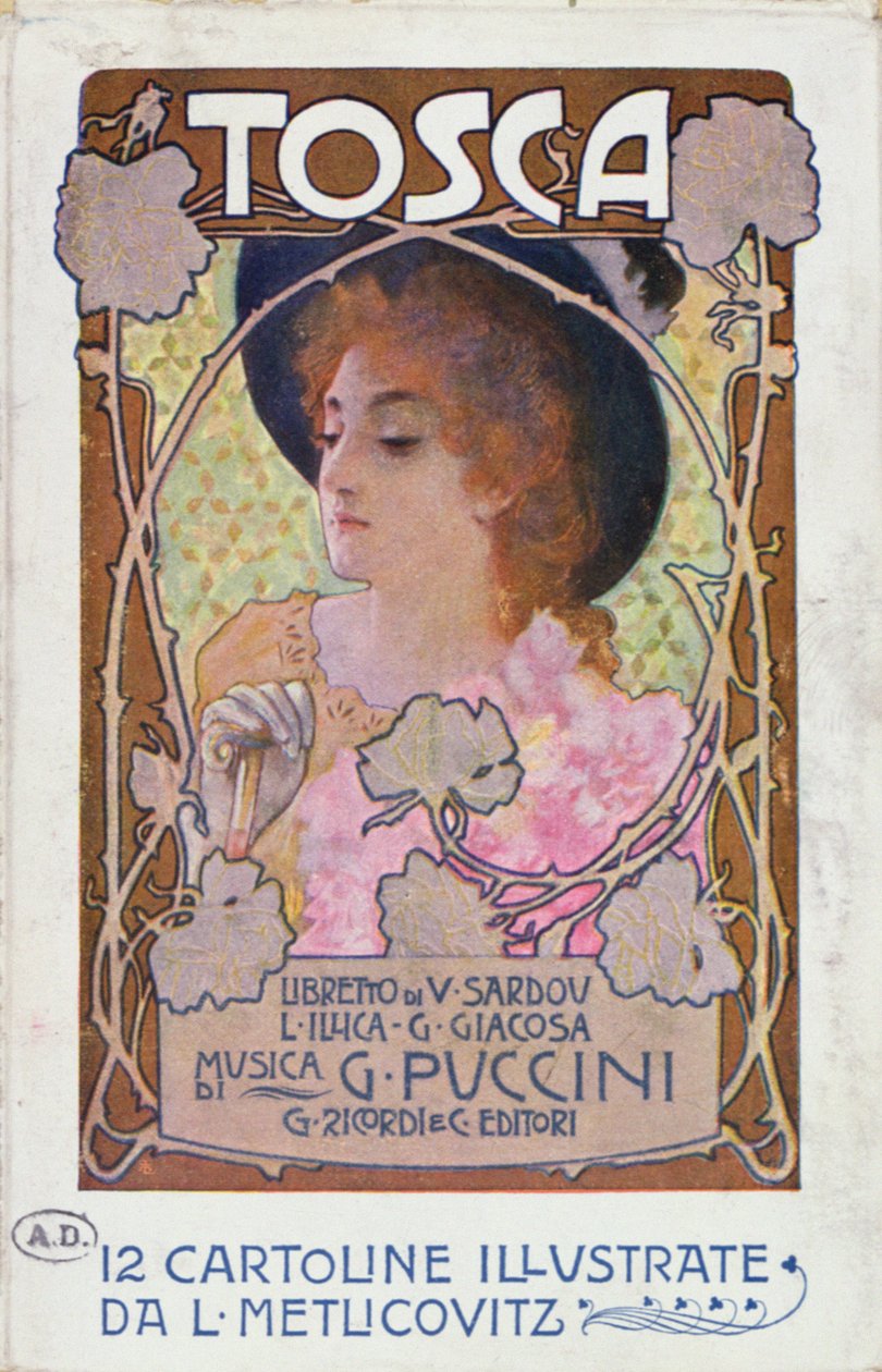 Puccinin Tosca-oopperan partituurilehti, n. 1910 (värilitho) tekijältä Leopoldo Metlicovitz