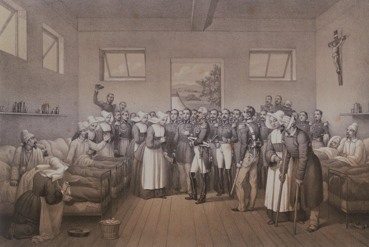 Tähtäävä Jean Jacques Pelissier (1794-1864) Malakofin herttua vierailemassa haavoittuneiden sotilaiden luona Sebastopolin valloituksen jälkeen vuonna 1855 tekijältä Lepan