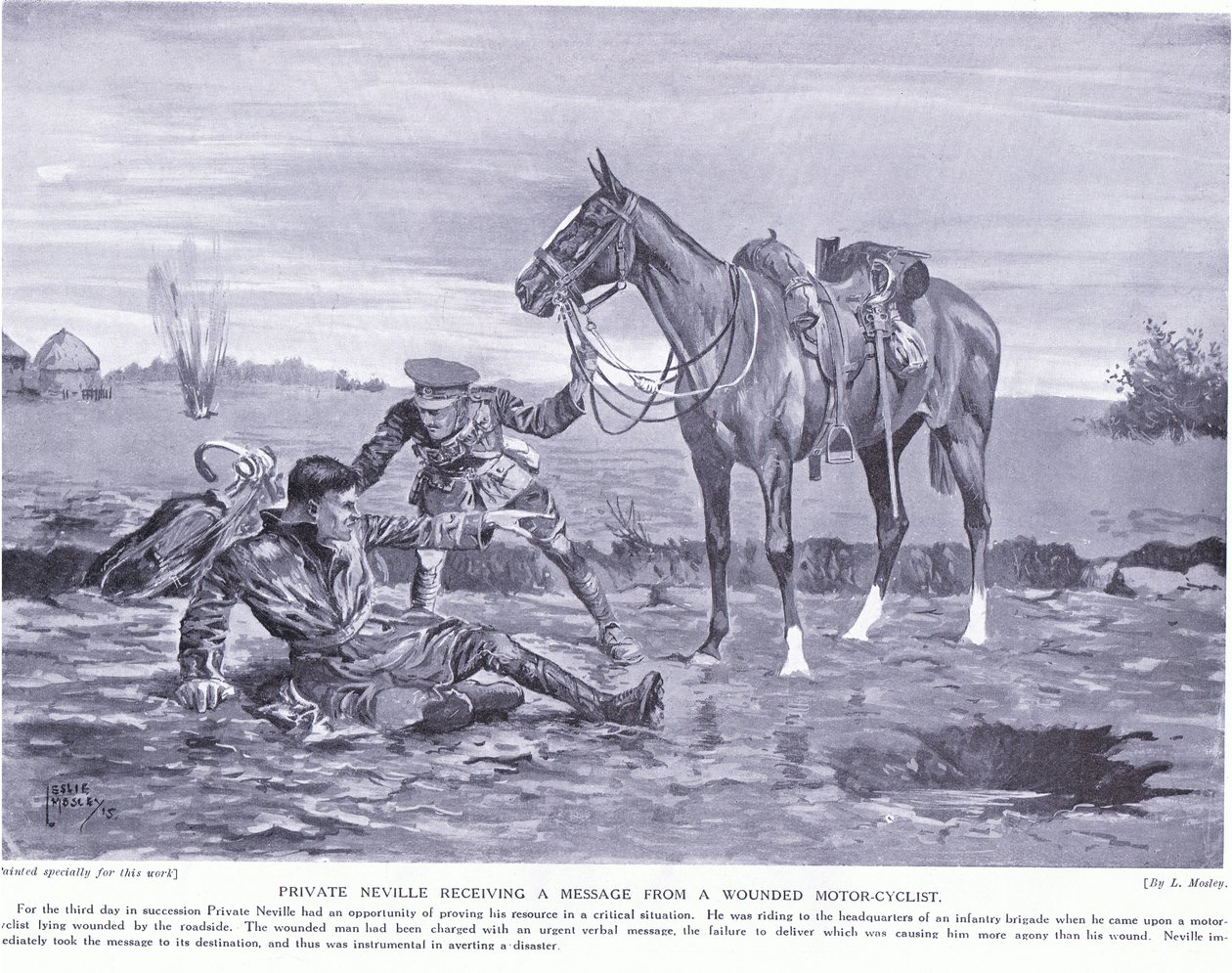 Private Neville vastaanottaa viestin haavoittuneelta moottoripyöräilijältä Ypresiltä lokakuussa 1914 tekijältä Leslie Mosley