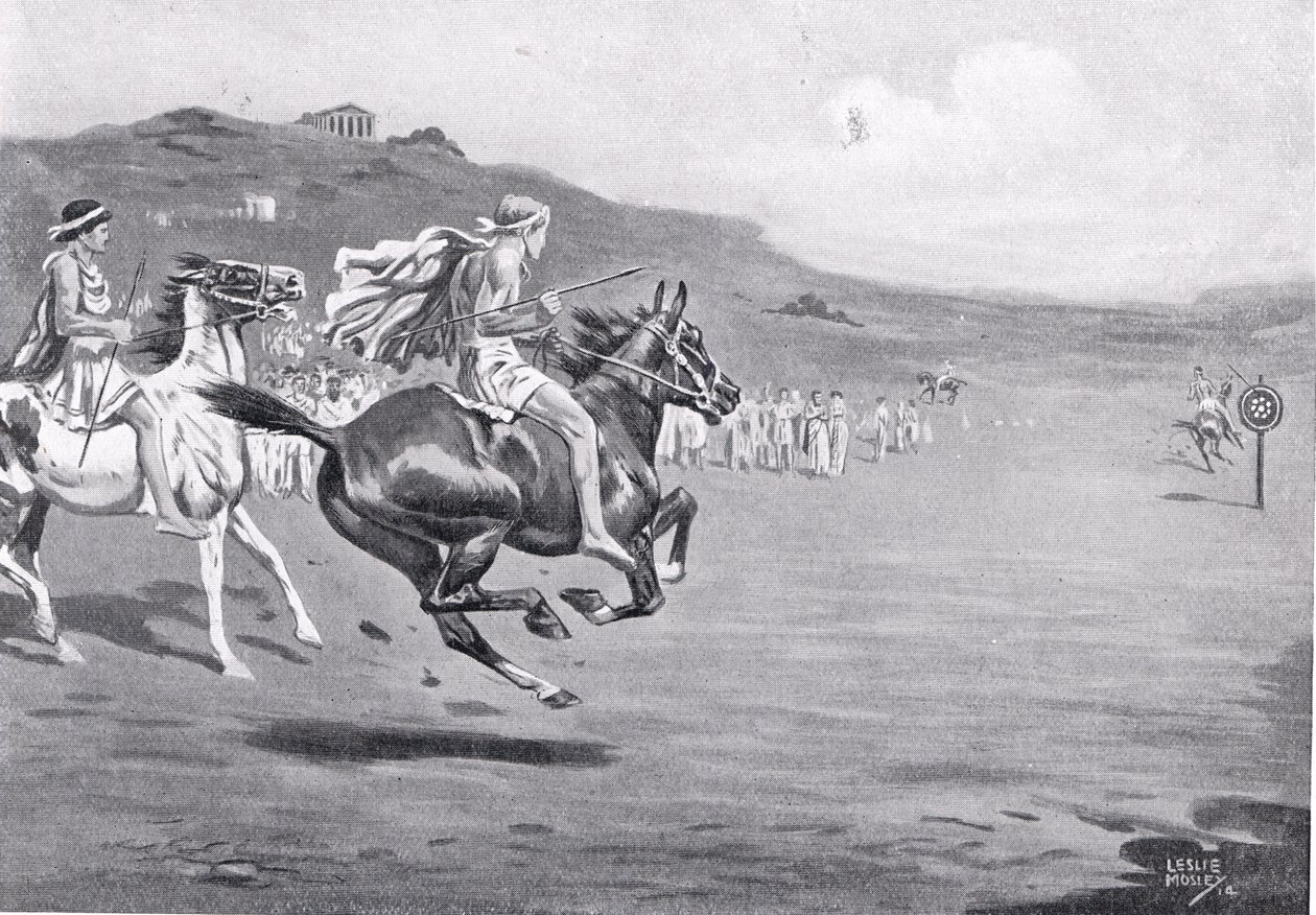 Kreikkalaiset ratsumiehet heittävät keihään, kuvitus Hutchinsonin kansojen historiasta, 1915 tekijältä Leslie Mosley