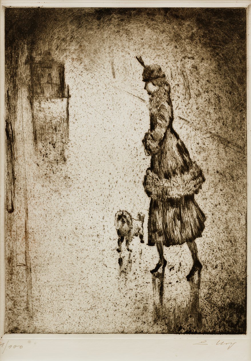 Dame mit Pudel auf regennasser Straße (Droschke-linkit) tekijältä Lesser Ury