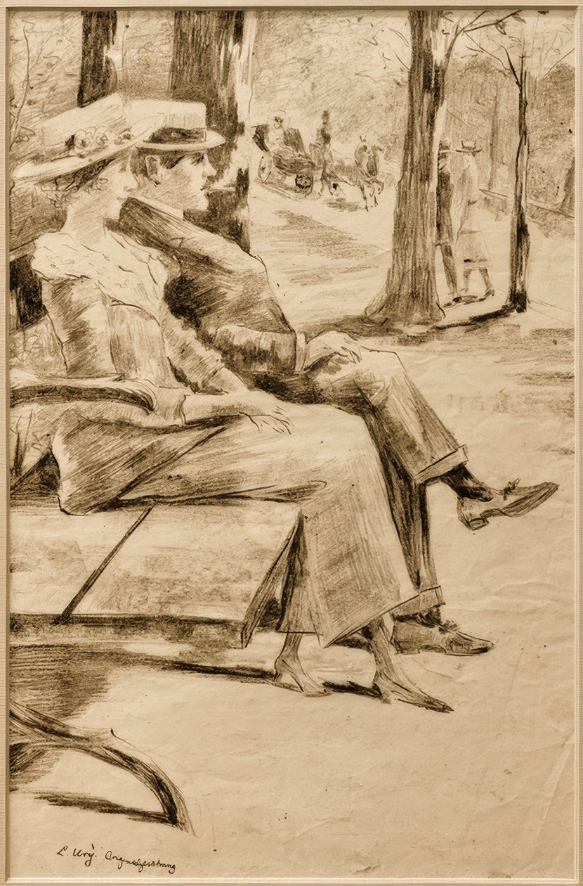 Dame und rauchender Herr auf einer Bank im Tiergarten tekijältä Lesser Ury