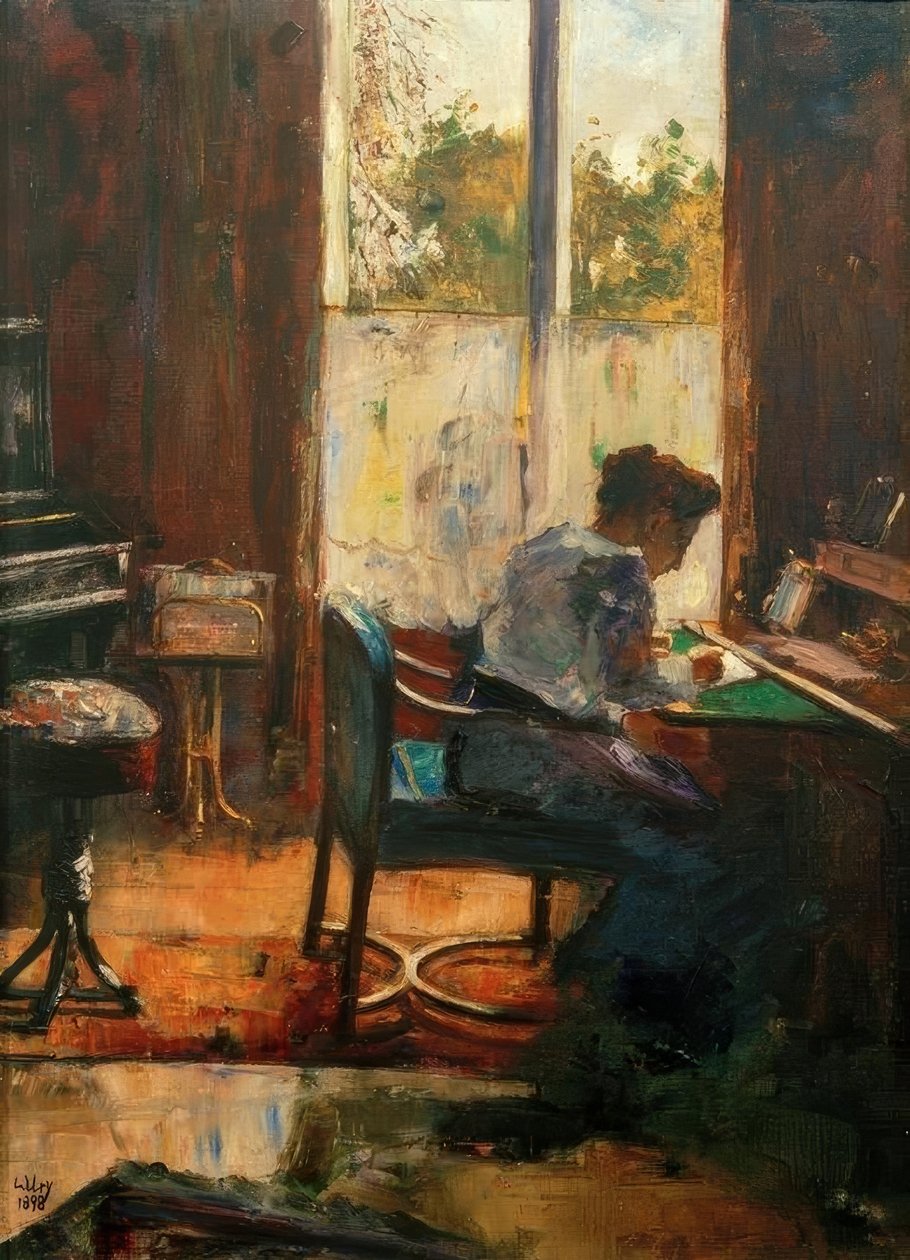Nainen työpöydän ääressä tekijältä Lesser Ury