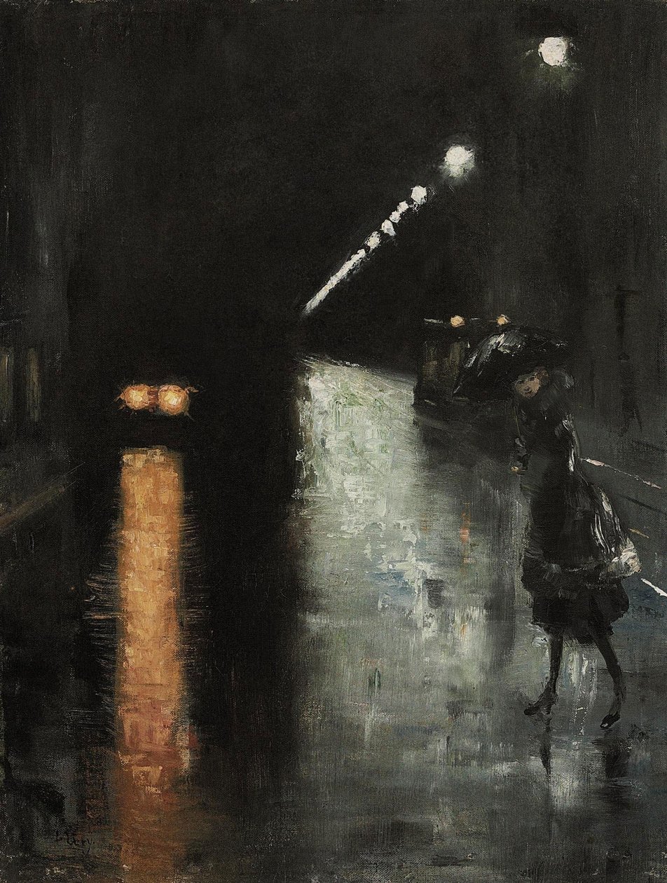 Nächtliche Straßenszene, Berliini Leipziger Straße? tekijältä Lesser Ury