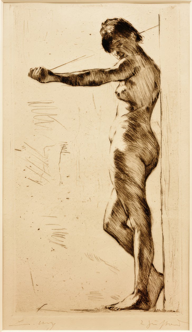 Stehender, an die Wand gelehnter weiblicher Akt tekijältä Lesser Ury