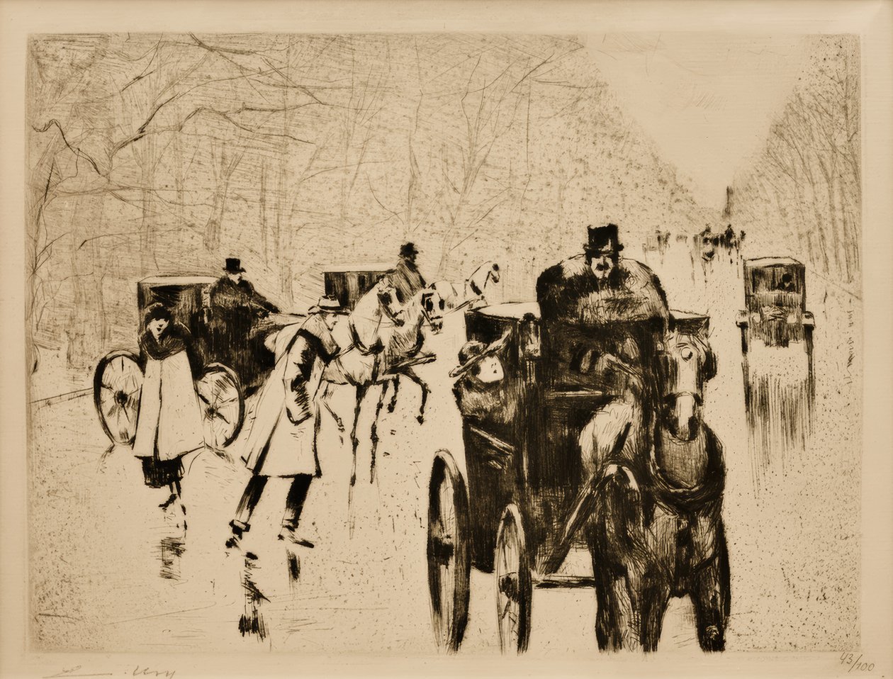 Winterliche Tiergartenallee mit Pferdedroschken tekijältä Lesser Ury