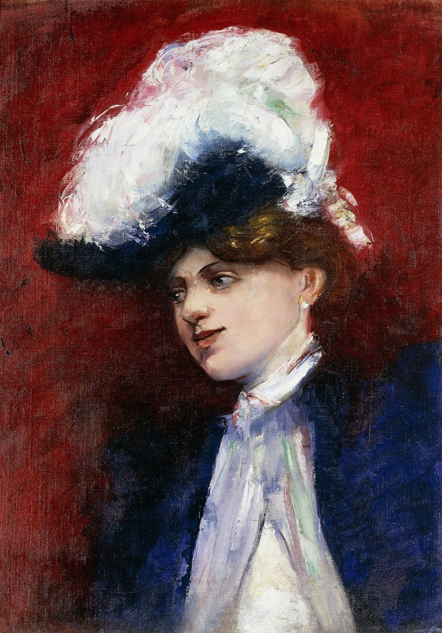 Elegantti nainen sulkahattu; Elegante Dame mit Federhut, n. 1905 tekijältä Lesser Ury