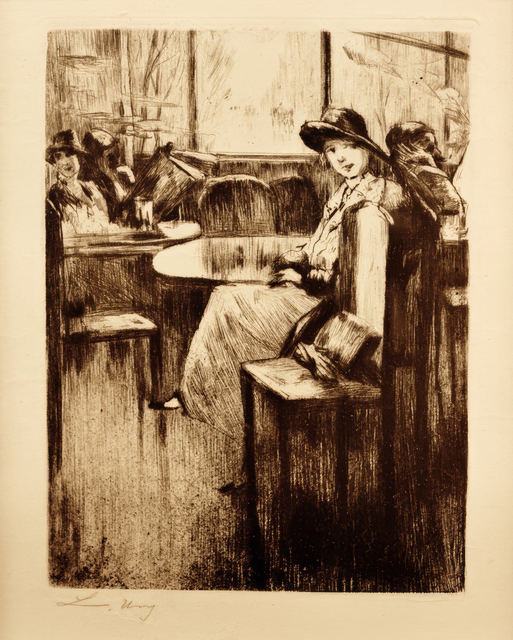 Junges Mädchen im Café mit Straßenblick tekijältä Lesser Ury