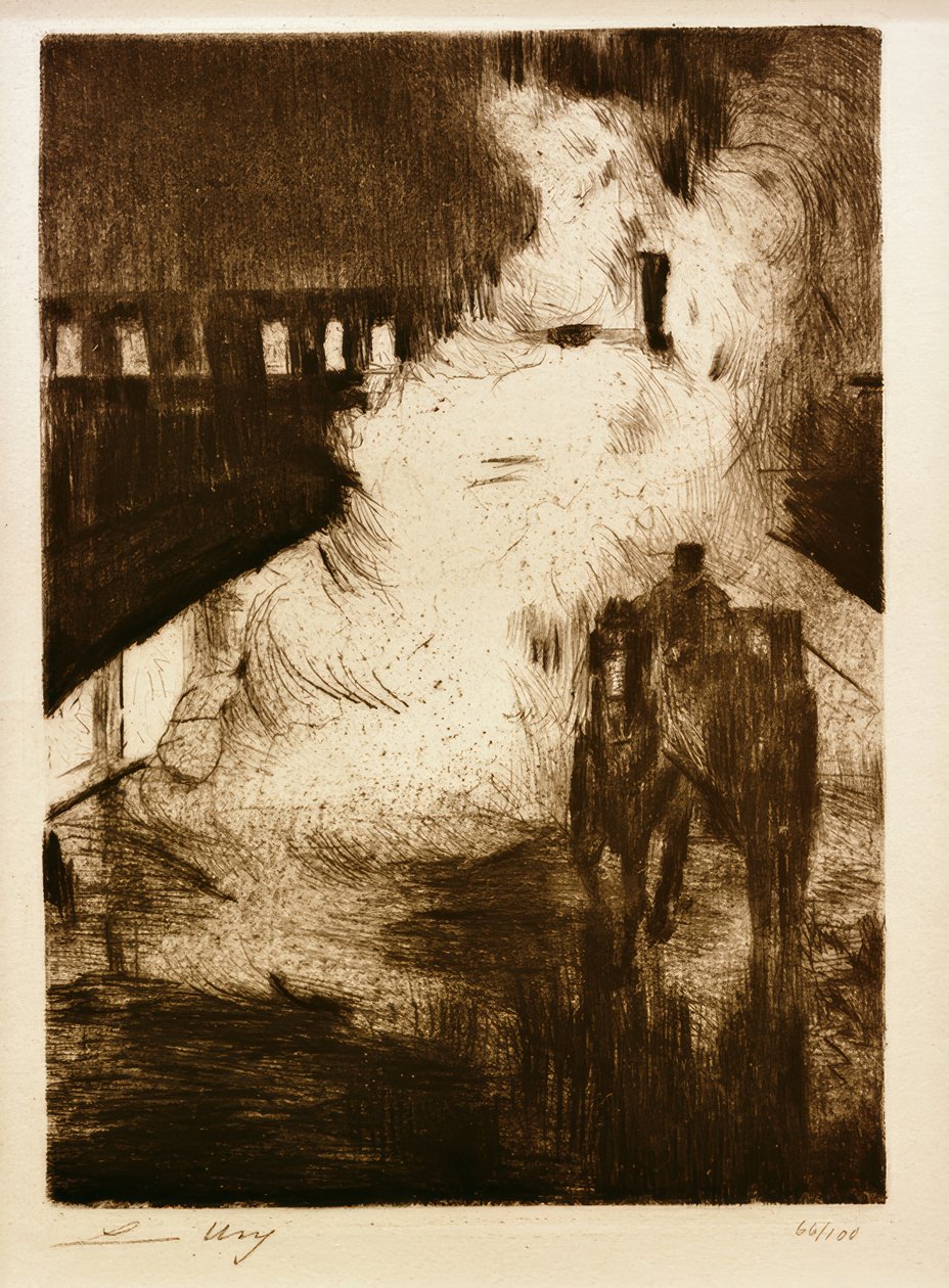 L.Ury, Nächtliche Impressionen (mit Droschke vor Lokomotivendampf) tekijältä Lesser Ury