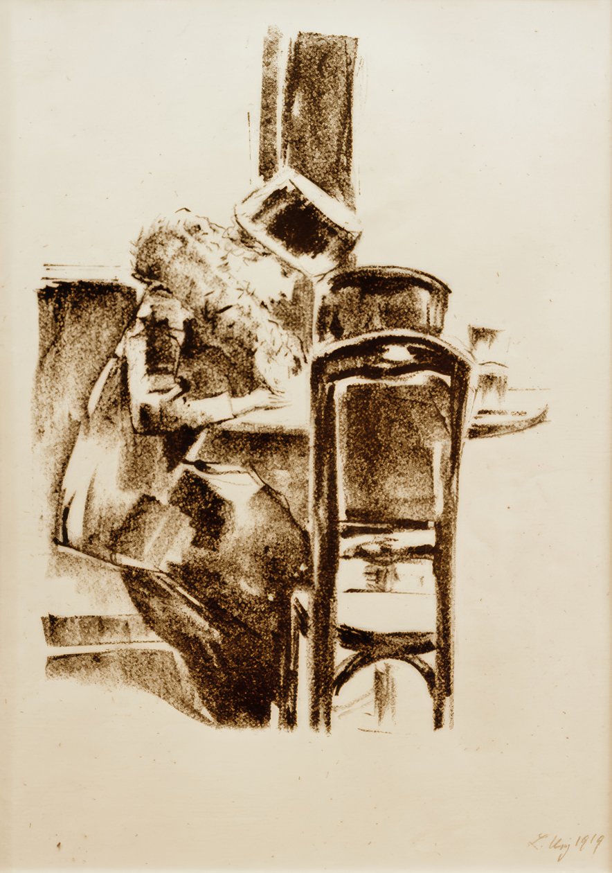 Schreibende Dame mit Hut und Boa im Kaffee tekijältä Lesser Ury