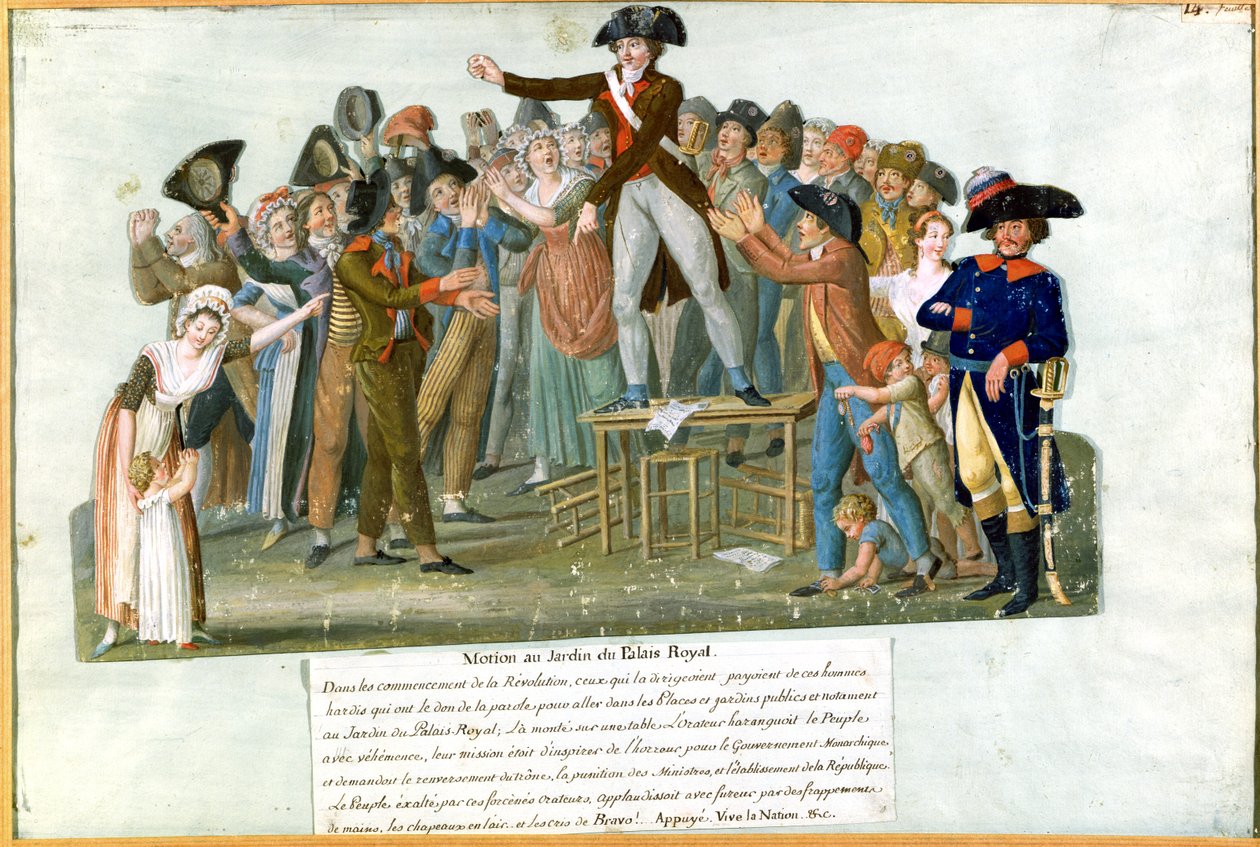 Motion in the Garden of the Palais-Royal, heinäkuu 1789 (guassi kortilla) tekijältä Lesueur Brothers