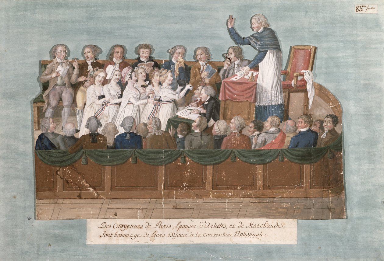 Pariisilaiset tarjoavat korujaan konventille, n. 1792 (guassi kortilla) tekijältä Lesueur Brothers