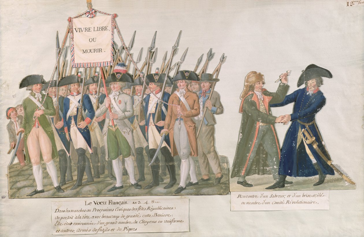 Ranskan lupaus "Eläköön vapaus tai kuole"; miekkamiehen ja vallankumouskomitean jäsenen tapaaminen, n. 1789-1792 (guassi kortilla) tekijältä Lesueur Brothers