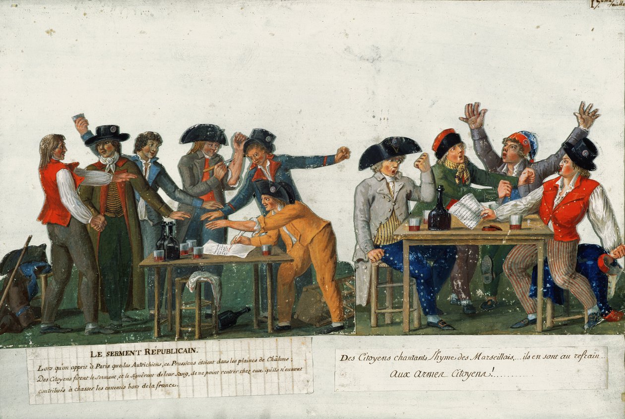 Republikaanien vala allekirjoitetaan verellä ja lauletaan "The Marseillaise", n. 1792 tekijältä Lesueur Brothers