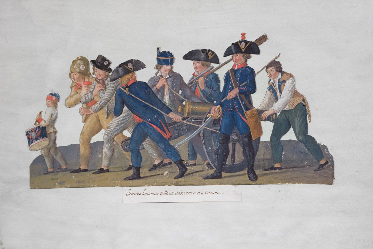 Nuoret miehet harjoittelemaan tykin käyttöä, n. 1789 tekijältä Lesueur Brothers