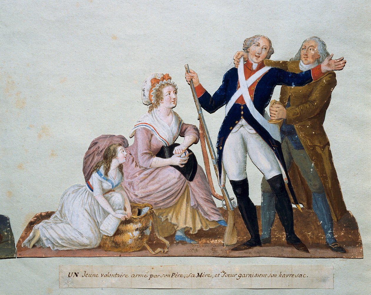Vapaaehtoinen, joka lähtee armeijaan, ympäröi hänen isänsä, äitinsä ja sisarensa Lesueurin veljien guassi (1700-luku) 1700-luvulla. Pariisi. Carnavalet-museo tekijältä Lesueur Brothers
