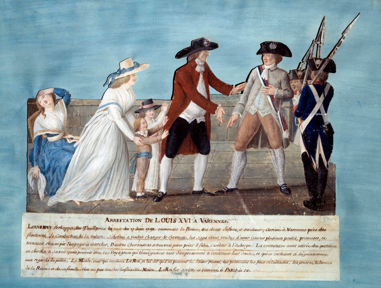 Ludvig XVI:n pidätys Varennesissa 22. kesäkuuta 1791 Gouache des freres Lesueur (1700-luku) 1791. Paris, Musee Carnavalet tekijältä Lesueur Brothers
