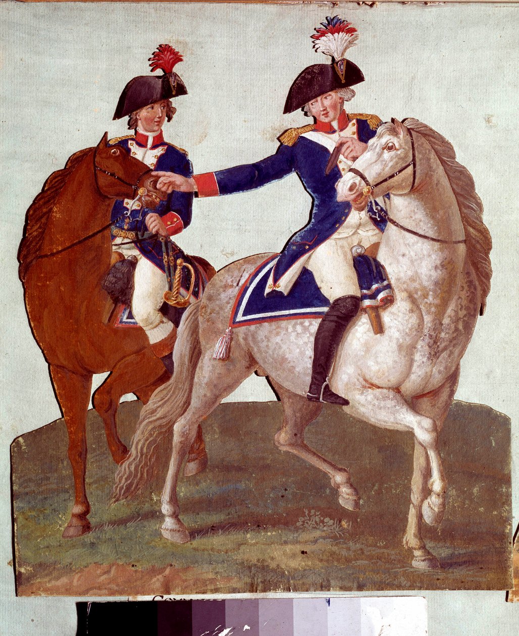 Pariisin armeijan komentaja, joka antaa käskyjä avustajalleen: sotilaiden edustus vuoden 1789 vallankumouksen aikana. Lesueurin veljien guassi. 1700-luvulla. Musee Carnavalet, Pariisi tekijältä Lesueur Brothers