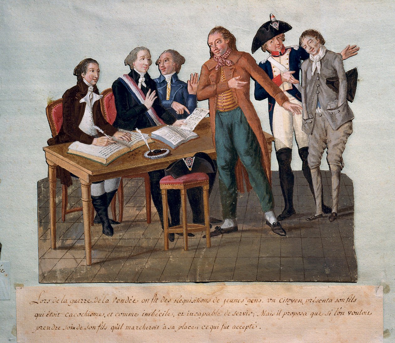 Vaativia nuoria miehiä Vendee-sotaan (isä näyttää poikansa olevan kyvytön palvelemaan ja ottaa hänen paikkansa). Lesueurin veljien kaiverrus (1700-luku). Pariisi, Musee Carnavalet tekijältä Lesueur Brothers