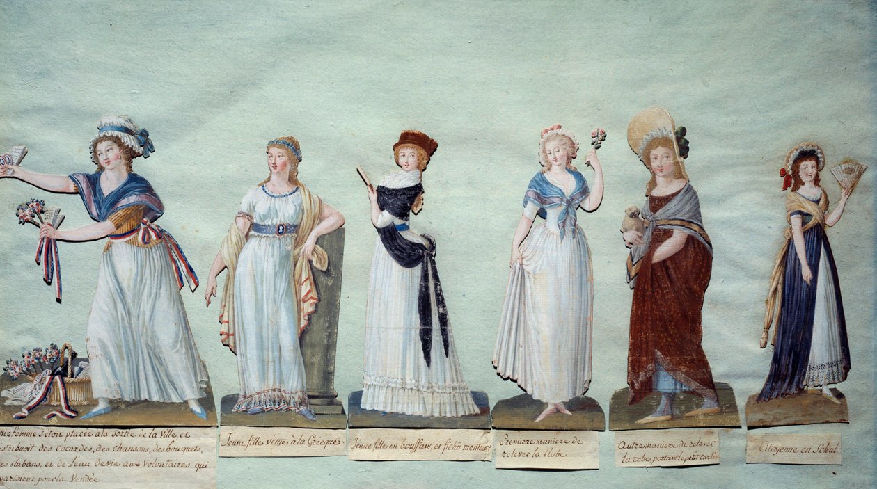 Erilaiset nuoret naiset edustavat naisellista muotia vallankumouksen aikana. Gouache des freres Lesueur (1700-luku) Pariisi, Musee Carnavalet tekijältä Lesueur Brothers