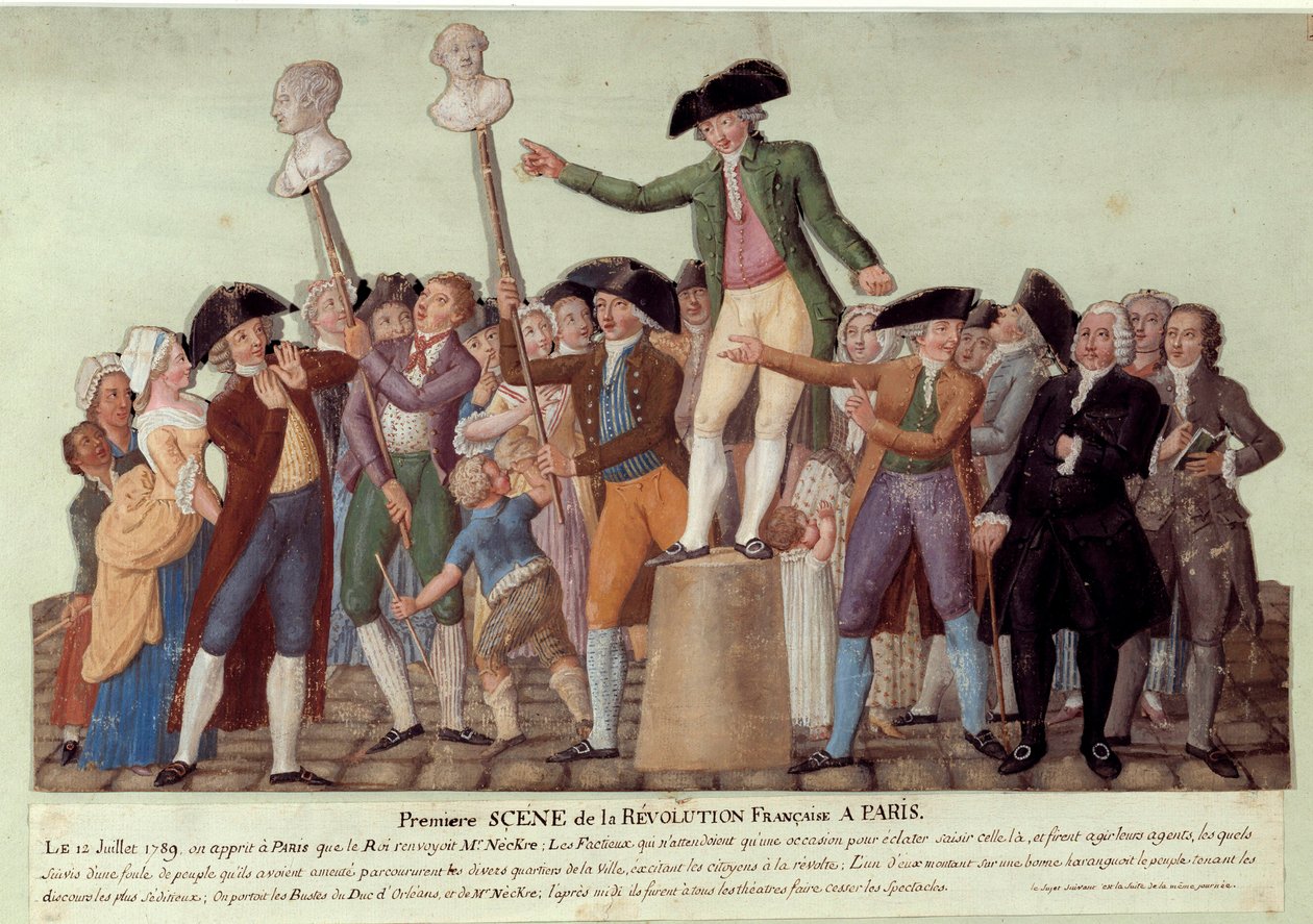 Ranskan vallankumouksen ensimmäinen kohtaus Pariisissa: 12.7.1789, kun kuningas erotti Jacques Neckerin, Camille Desmoulins kiusasi väkeä Palais Royalissa ja kehotti kapinaan hallitusta vastaan. Jacques Neckerin ja Louis Philin rintakuvat tekijältä Lesueur Brothers