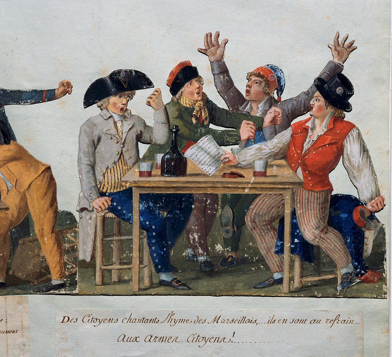 Ranskan vallankumous: "" Kansalaiset laulavat Marseillen hymniä: asein Kansalaiset..."" Majatalon pikkuhousut laulavat Marseillaisea. Lesueurin veljien kaiverrus (1700-luku). Musee Carnavalet, Pariisi tekijältä Lesueur Brothers