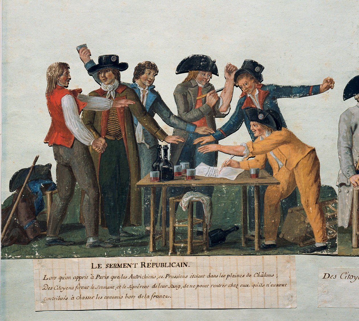 Ranskan vallankumous: "" Republikaanien vala: kansalaiset vannovat verivalan olla palaamatta kotiin ennen kuin he ovat karkoittaneet itävaltalaiset ja preussilaiset pois Ranskasta." Gouache des freeres Lesueur (1700-luku). 1700-luvulla. Pariisi. Carnavalet tekijältä Lesueur Brothers