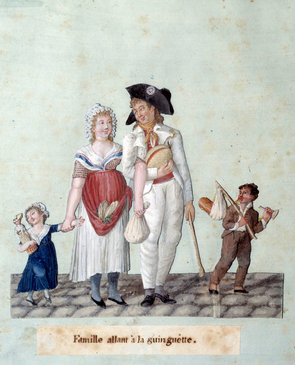 Ranskan vallankumous: perhe menee guinguettelle. Gouache des Freres Lesueur (1700-luku) tekijältä Lesueur Brothers