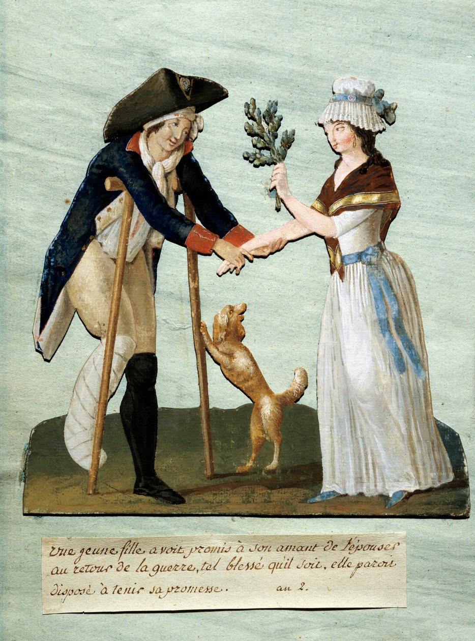 Ranskan vallankumous: "" nuori tyttö löytää luvatut haavansa sodan jälkeen ja pitää lupauksensa mennä naimisiin hänen kanssaan"" Gouache des brothers Lesueur (1700-luku). Pariisin Musee Carnavalet tekijältä Lesueur Brothers