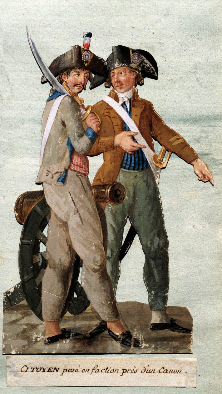 Ranskan vallankumous: "kansalainen poseeraa ryhmässä tykin lähellä". Lesueur-veljien guassi. 1700-luvulla. Musee Carnavalet, Pariisi tekijältä Lesueur Brothers