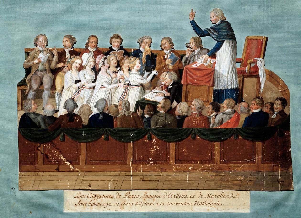 Ranskan vallankumous: "" Pariisin kansalaiset tarjoavat korujaan kansalliskokoukselle"" Illustration des Freres Lesueur (1700-luku). 1792-1795. Pariisi, museo Carnavalet - Englannin vallankumous - Pariisin kansalaiset lahjoittavat korunsa Natille tekijältä Lesueur Brothers