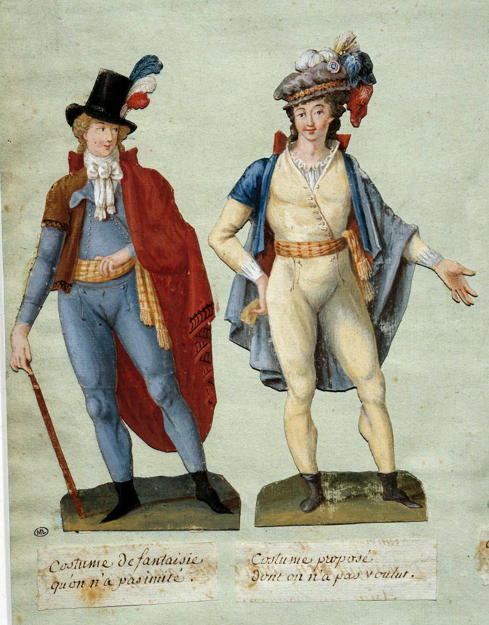 Ranskan vallankumous: fantasiavallankumouksellisten puvut, joita ei ole jäljitelty. Gouache des freeres Lesueur (1700-luku) tekijältä Lesueur Brothers