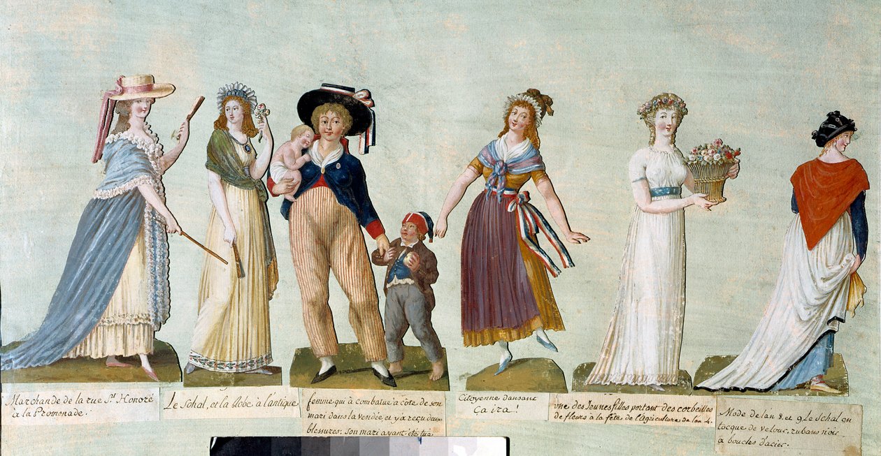 Ranskan vallankumous 1789: Naisten muoti vallankumouksen aikakaudella (Revolutionary Woman). Gouache des freeres Lesueur (1700-luku). Pariisi, Musee Carnavalet. tekijältä Lesueur Brothers