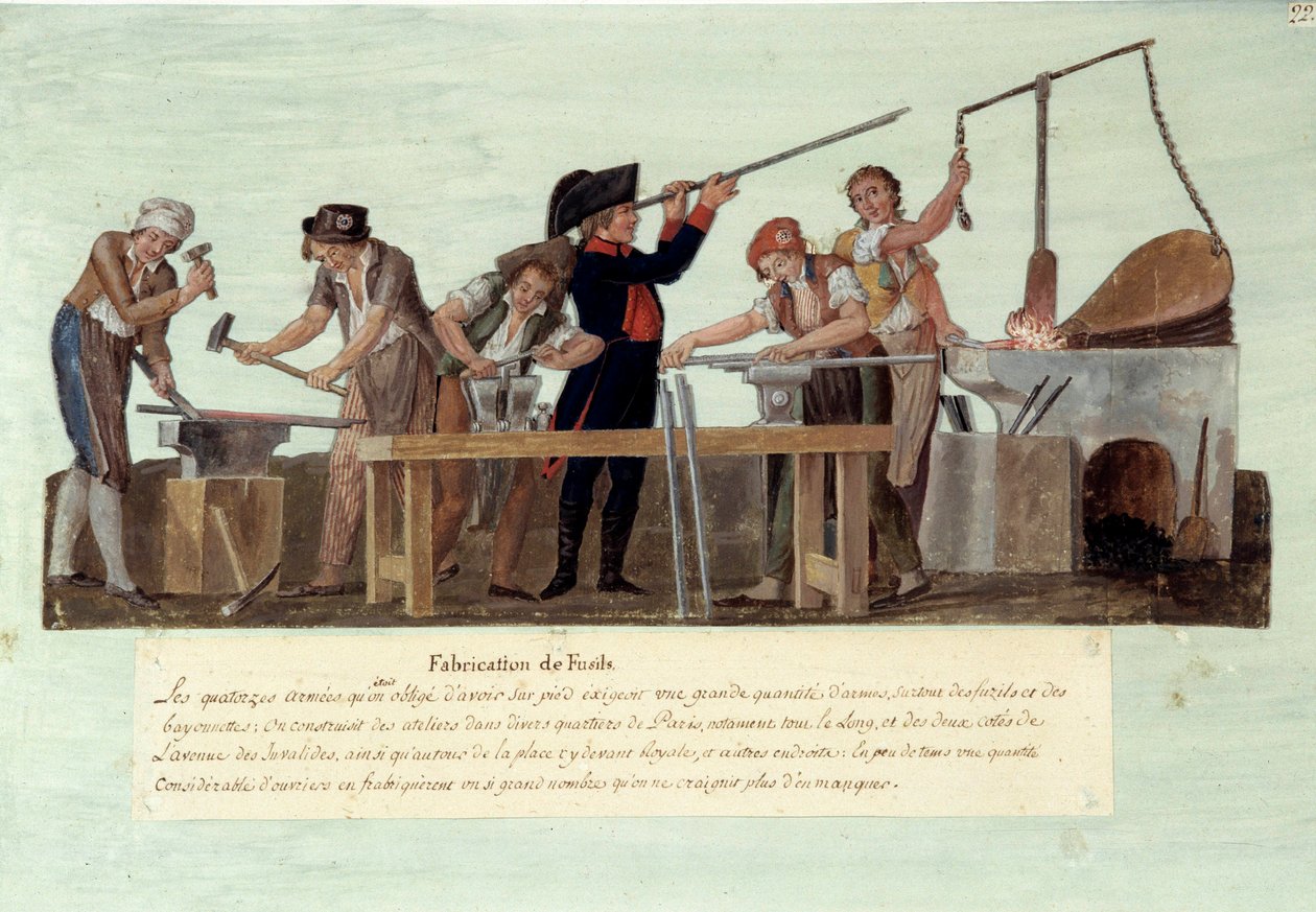 Ranskan vallankumous 1789: "" kiväärien valmistus"" Seppien aseiden valmistuksen eri vaiheet. Gouache des freeres Lesueur tekijältä Lesueur Brothers