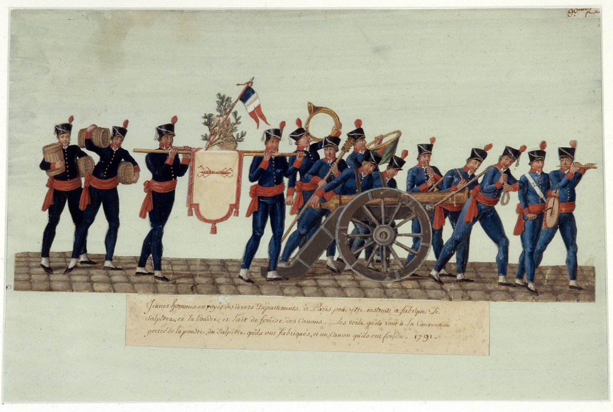 Ranskan vallankumous 1789: "" nuorista miehistä, jotka kantoivat konventille jauhetta, salpeteria ja sulattamansa tykin." Gouache des freeres Lesueur (1700-luku) tekijältä Lesueur Brothers