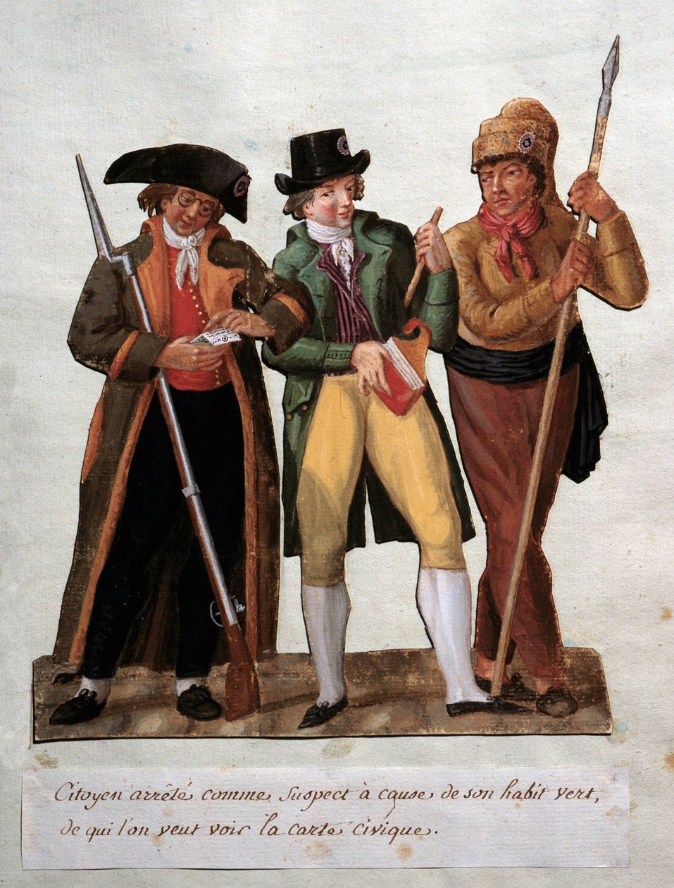 Ranskan vallankumouksen ”” epäilty kansalainen pidätettiin vihreän tavan vuoksi” Gouache des freres Lesueur (1700-luku). Musee Carnavalet, Pariisi tekijältä Lesueur Brothers