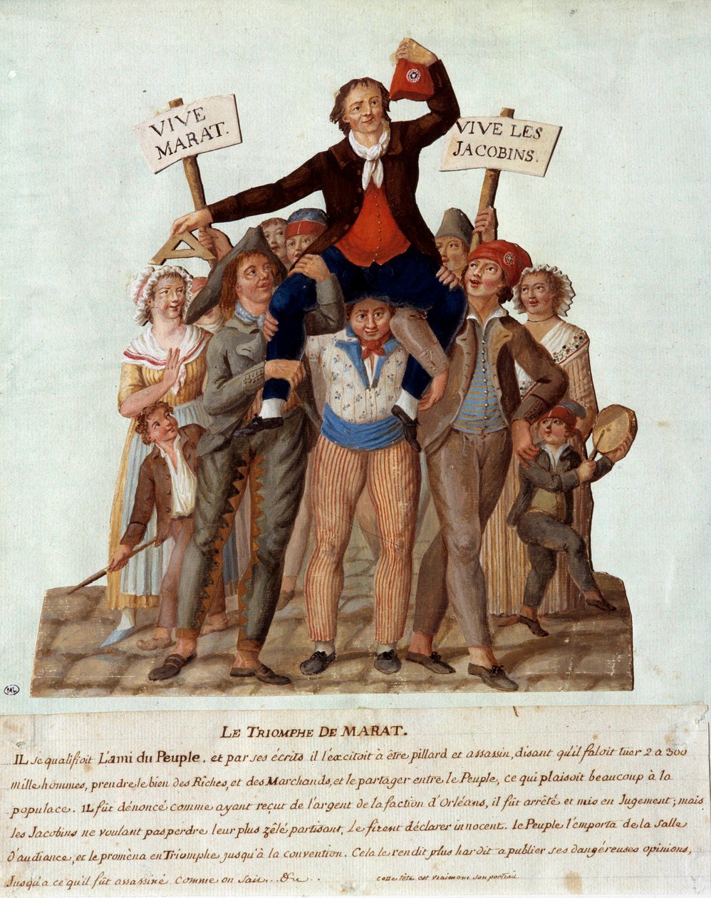 Ranskan vallankumous: "" Maratin voitto"" Jean-Paul (Jean Paul) Marat (1743-1793), Pariisin kansanedustaja kansalliskokouksessa, kantaa voittoa kansalle heidän väkivaltaisista kannoistaan rikkaita vastaan ja suosii ihmiset. Gouache des freeres Lesue tekijältä Lesueur Brothers