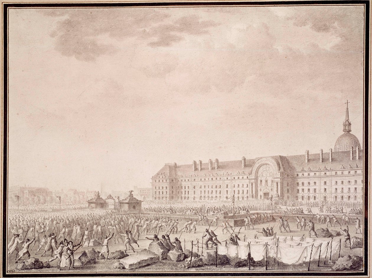 Ranskan vallankumous: aseiden tarttuminen invalideihin 14.7.1789. Lesueurin veljien litografia (1700-luku) tekijältä Lesueur Brothers