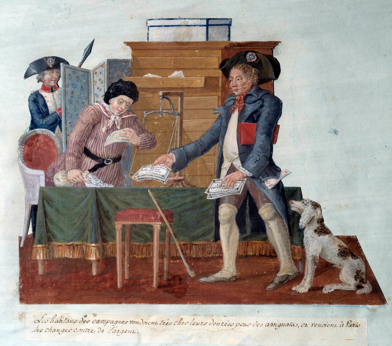 Ranskan vallankumous: maaseudun asukkaat myivät ruokansa toimeksiantajille, jotka sitten tulivat vaihtamaan rahaksi Pariisiin. Gouache des Freres Lesueur (1700-luku) tekijältä Lesueur Brothers