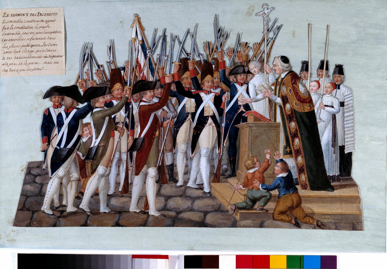 Ranskan vallankumous: piirien vala. Perustuslain julistuksen jälkeen ihmiset kokoontuivat julkisille toreille, parannusjohtajat johtivat mielenosoituksia. Gouache des freeres Lesueur (1700-luku). 1789. Paris, Musee Carnavalet tekijältä Lesueur Brothers