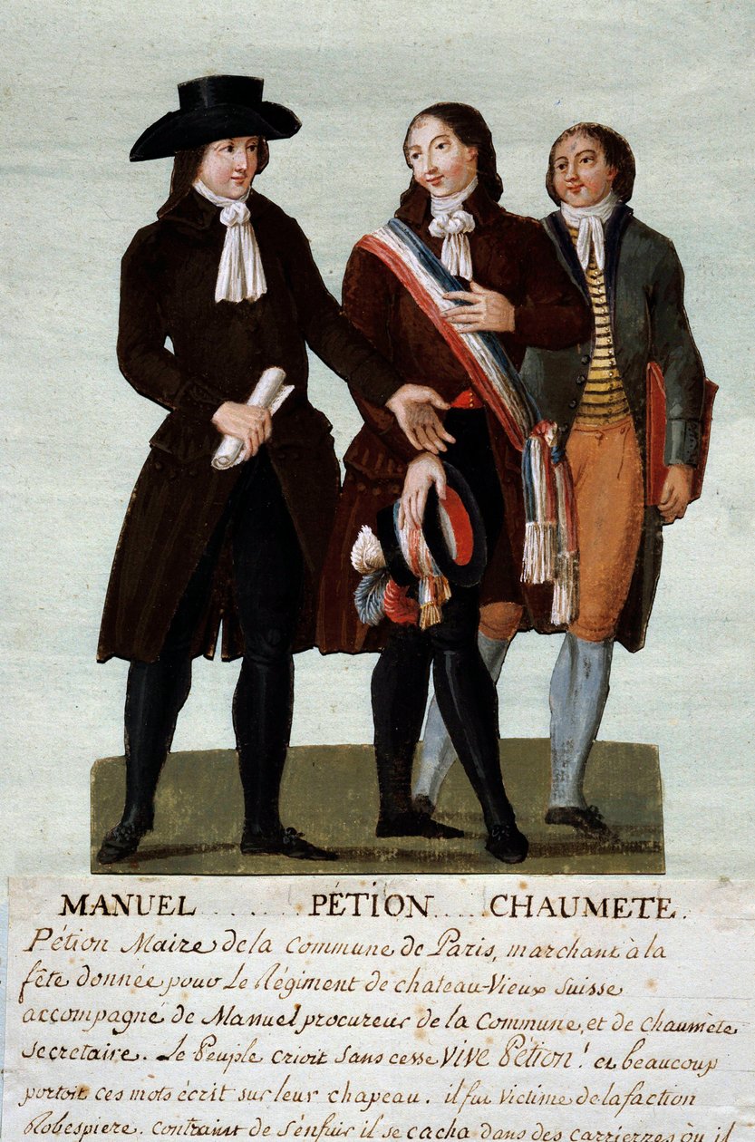 Ranskan vallankumous: vallankumoukselliset Jerome Petion (1756-1794), Jacques Antoine (Jacques-Antoine) Manuel (1775-1827) ja Pierre-Gaspard (Pierre Gaspard) Chaumette dit Anaxagoras (1763-1794), Unbridin tiedottaja. Lesueur-veljesten guassi (18 tekijältä Lesueur Brothers