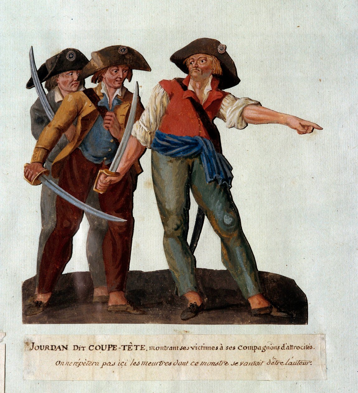 Edustama Mathieu Jouve Jourdan dit Jourdan Coupe-Tete (1749-1794), julma vallankumouksellinen, joka tuli tunnetuksi Avignonin jäätikön joukkomurhien jälkeen lokakuussa 1791. Gouache des freres Lesueur (1700-luku) tekijältä Lesueur Brothers