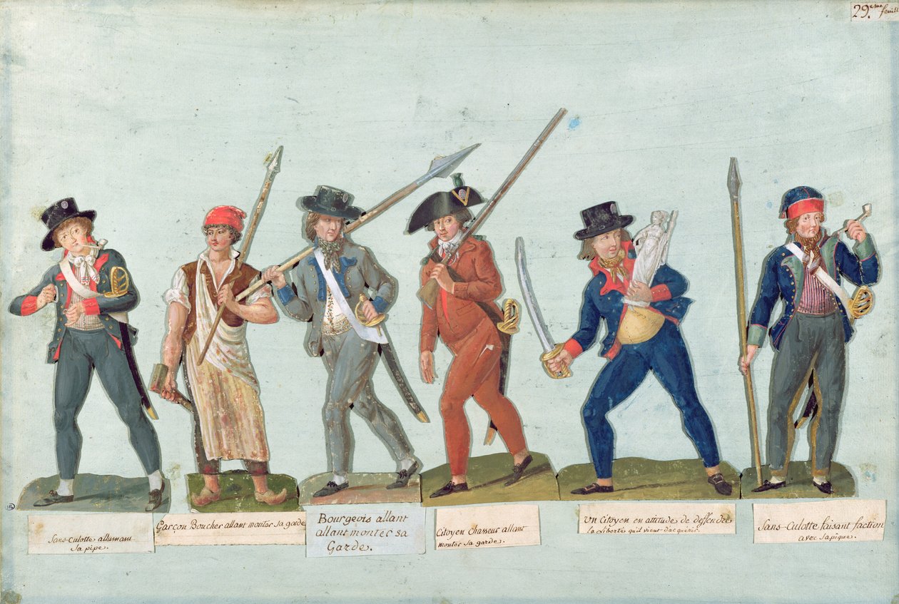 Sans Culotte sytyttää piippunsa, nuori teurastaja, vartioon menossa porvari, metsästäjä, vapautensa puolustava kansalainen, sans culoten vartija tekijältä Lesueur Brothers