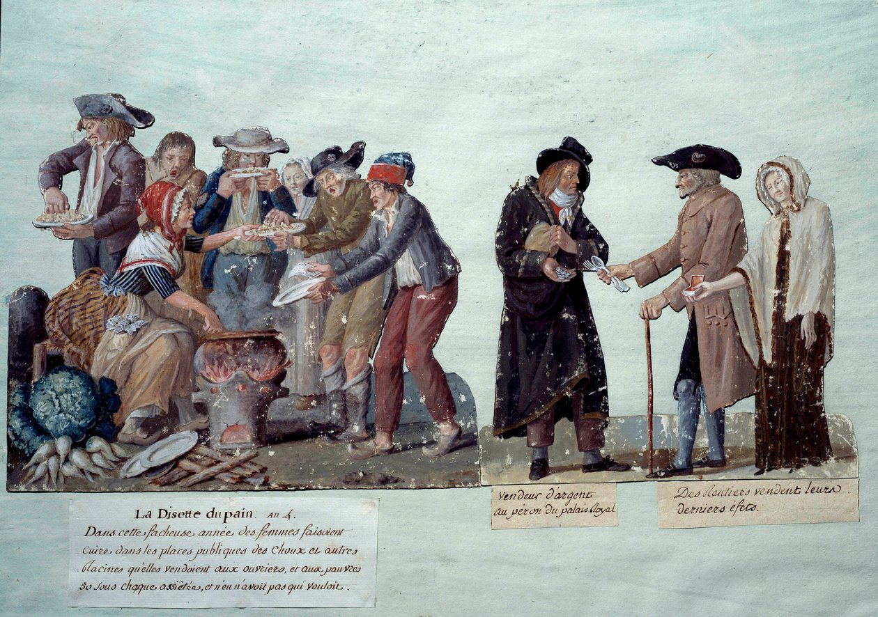Kohtauksia Ranskan vallankumouksen alaisina: "" leivän puute, rahanmyyjä ja annuiteeraajat myyvät esineitään"". Lesueur-veljien guassi, noin 1789. Musee Carnavalet, Pariisi tekijältä Lesueur Brothers